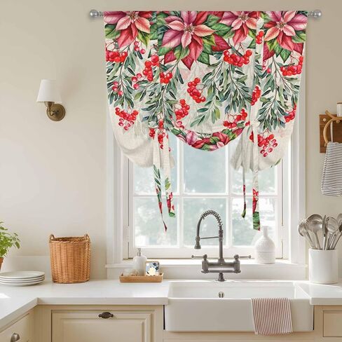 Red Christmas Tie Up Curtains for Window, Poinsettia Berry Xmas Botanical Rustic Thermal Insulated Balloon Shade Adjustable Rod Pocket Curtains Valance Panels for Kitchen Bathroom Café 46'' x 63'' in Saudi Arabia