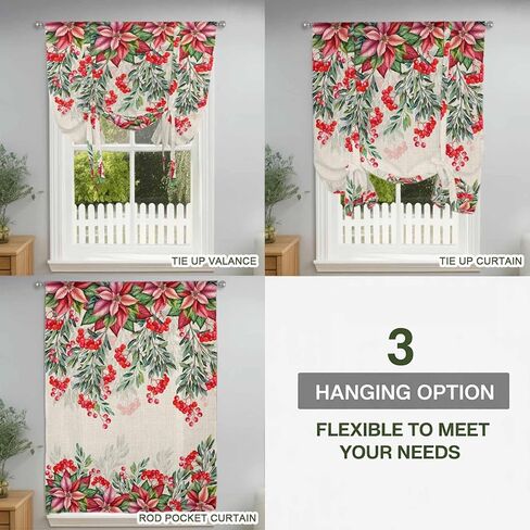 Red Christmas Tie Up Curtains for Window, Poinsettia Berry Xmas Botanical Rustic Thermal Insulated Balloon Shade Adjustable Rod Pocket Curtains Valance Panels for Kitchen Bathroom Café 46'' x 63'' in Saudi Arabia