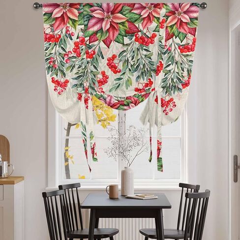 Red Christmas Tie Up Curtains for Window, Poinsettia Berry Xmas Botanical Rustic Thermal Insulated Balloon Shade Adjustable Rod Pocket Curtains Valance Panels for Kitchen Bathroom Café 46'' x 63'' in Saudi Arabia