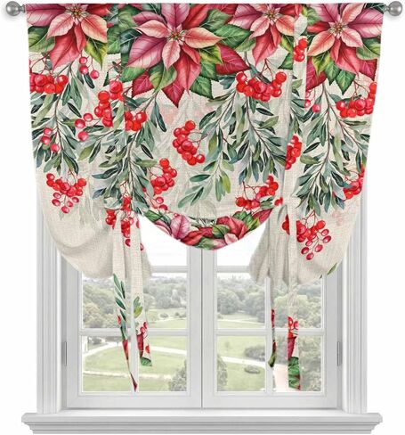 Red Christmas Tie Up Curtains for Window, Poinsettia Berry Xmas Botanical Rustic Thermal Insulated Balloon Shade Adjustable Rod Pocket Curtains Valance Panels for Kitchen Bathroom Café 46'' x 63'' in Saudi Arabia