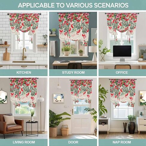 Red Christmas Tie Up Curtains for Window, Poinsettia Berry Xmas Botanical Rustic Thermal Insulated Balloon Shade Adjustable Rod Pocket Curtains Valance Panels for Kitchen Bathroom Café 46'' x 63'' in Saudi Arabia