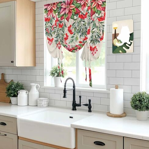 Red Christmas Tie Up Curtains for Window, Poinsettia Berry Xmas Botanical Rustic Thermal Insulated Balloon Shade Adjustable Rod Pocket Curtains Valance Panels for Kitchen Bathroom Café 46'' x 63'' in Saudi Arabia