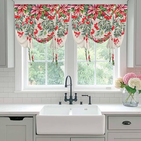Red Christmas Tie Up Curtains for Window, Poinsettia Berry Xmas Botanical Rustic Thermal Insulated Balloon Shade Adjustable Rod Pocket Curtains Valance Panels for Kitchen Bathroom Café 46'' x 63'' in Saudi Arabia