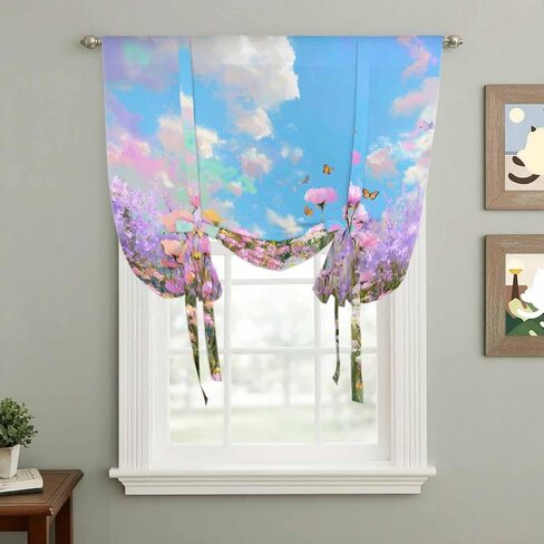 Wildflowers Tie Up Curtains for Window, Spring Country Oil Painting Floral Plant Thermal Insulated Balloon Shade Adjustable Rod Pocket Curtains Valance Panels for Kitchen Bathroom Café 42'' x 63'' in Saudi Arabia