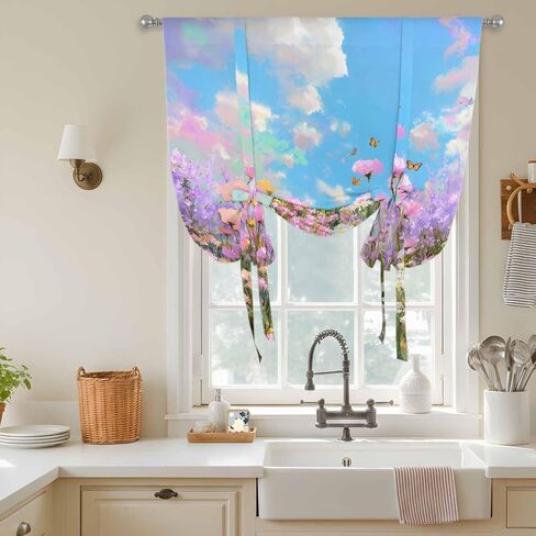 Wildflowers Tie Up Curtains for Window, Spring Country Oil Painting Floral Plant Thermal Insulated Balloon Shade Adjustable Rod Pocket Curtains Valance Panels for Kitchen Bathroom Café 42'' x 63'' in Saudi Arabia