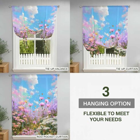Wildflowers Tie Up Curtains for Window, Spring Country Oil Painting Floral Plant Thermal Insulated Balloon Shade Adjustable Rod Pocket Curtains Valance Panels for Kitchen Bathroom Café 42'' x 63'' in Saudi Arabia
