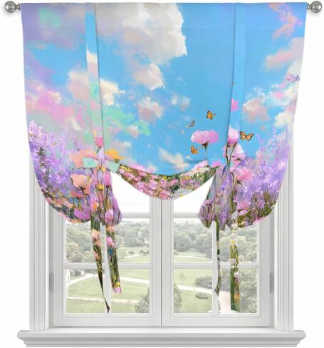Wildflowers Tie Up Curtains for Window, Spring Country Oil Painting Floral Plant Thermal Insulated Balloon Shade Adjustable Rod Pocket Curtains Valance Panels for Kitchen Bathroom Café 42'' x 63'' in Saudi Arabia