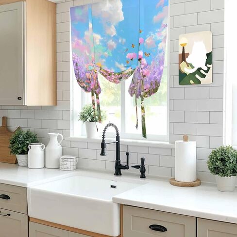 Wildflowers Tie Up Curtains for Window, Spring Country Oil Painting Floral Plant Thermal Insulated Balloon Shade Adjustable Rod Pocket Curtains Valance Panels for Kitchen Bathroom Café 42'' x 63'' in Saudi Arabia