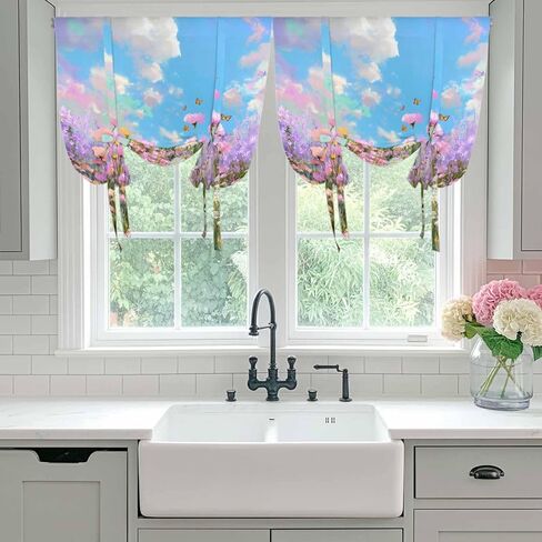Wildflowers Tie Up Curtains for Window, Spring Country Oil Painting Floral Plant Thermal Insulated Balloon Shade Adjustable Rod Pocket Curtains Valance Panels for Kitchen Bathroom Café 42'' x 63'' in Saudi Arabia