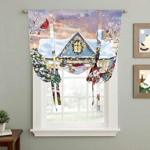 Christmas Tie Up Curtains for Window, Xmas Snowman Truck Farmhouse Tree Thermal Insulated Balloon Shade Adjustable Rod Pocket Curtains Valance Panels for Kitchen Bathroom Café 46'' x 63'' in Saudi Arabia