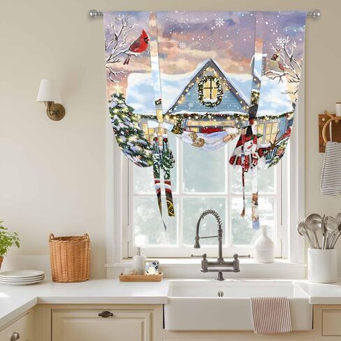 Christmas Tie Up Curtains for Window, Xmas Snowman Truck Farmhouse Tree Thermal Insulated Balloon Shade Adjustable Rod Pocket Curtains Valance Panels for Kitchen Bathroom Café 46'' x 63'' in Saudi Arabia