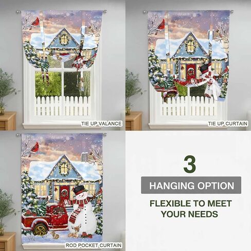 Christmas Tie Up Curtains for Window, Xmas Snowman Truck Farmhouse Tree Thermal Insulated Balloon Shade Adjustable Rod Pocket Curtains Valance Panels for Kitchen Bathroom Café 46'' x 63'' in Saudi Arabia