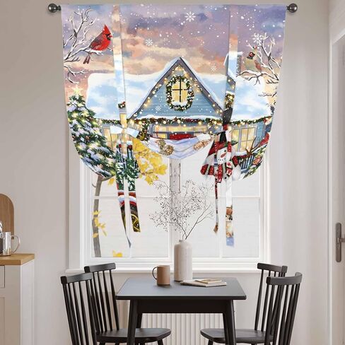 Christmas Tie Up Curtains for Window, Xmas Snowman Truck Farmhouse Tree Thermal Insulated Balloon Shade Adjustable Rod Pocket Curtains Valance Panels for Kitchen Bathroom Café 46'' x 63'' in Saudi Arabia
