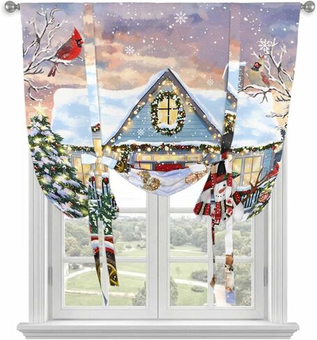 Christmas Tie Up Curtains for Window, Xmas Snowman Truck Farmhouse Tree Thermal Insulated Balloon Shade Adjustable Rod Pocket Curtains Valance Panels for Kitchen Bathroom Café 46'' x 63'' in Saudi Arabia