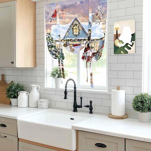 Christmas Tie Up Curtains for Window, Xmas Snowman Truck Farmhouse Tree Thermal Insulated Balloon Shade Adjustable Rod Pocket Curtains Valance Panels for Kitchen Bathroom Café 46'' x 63'' in Saudi Arabia