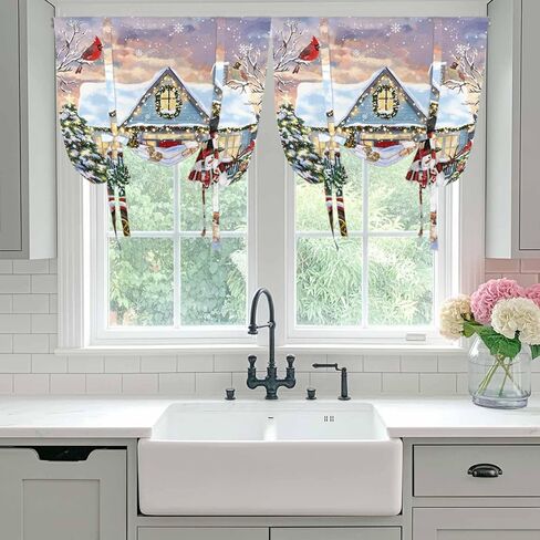 Christmas Tie Up Curtains for Window, Xmas Snowman Truck Farmhouse Tree Thermal Insulated Balloon Shade Adjustable Rod Pocket Curtains Valance Panels for Kitchen Bathroom Café 46'' x 63'' in Saudi Arabia