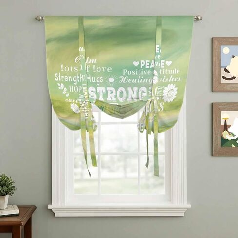 Love Peace Text Tie Up Curtains for Window, Green Inspirational Quotes Sunflowers Thermal Insulated Balloon Shade Adjustable Rod Pocket Curtains Valance Panels for Kitchen Bathroom Café 42'' x 63'' in Saudi Arabia