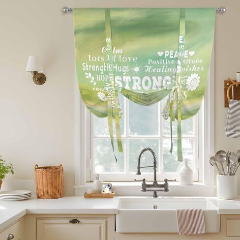 Love Peace Text Tie Up Curtains for Window, Green Inspirational Quotes Sunflowers Thermal Insulated Balloon Shade Adjustable Rod Pocket Curtains Valance Panels for Kitchen Bathroom Café 42'' x 63'' in Saudi Arabia
