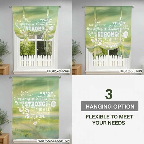 Love Peace Text Tie Up Curtains for Window, Green Inspirational Quotes Sunflowers Thermal Insulated Balloon Shade Adjustable Rod Pocket Curtains Valance Panels for Kitchen Bathroom Café 42'' x 63'' in Saudi Arabia