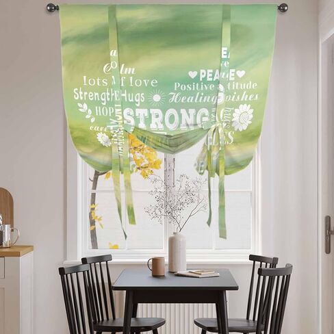 Love Peace Text Tie Up Curtains for Window, Green Inspirational Quotes Sunflowers Thermal Insulated Balloon Shade Adjustable Rod Pocket Curtains Valance Panels for Kitchen Bathroom Café 42'' x 63'' in Saudi Arabia
