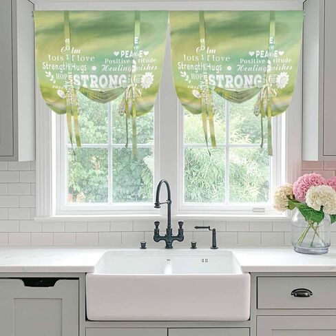 Love Peace Text Tie Up Curtains for Window, Green Inspirational Quotes Sunflowers Thermal Insulated Balloon Shade Adjustable Rod Pocket Curtains Valance Panels for Kitchen Bathroom Café 42'' x 63'' in Saudi Arabia