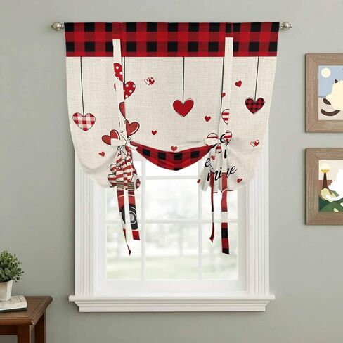 Red Valentine's Day Tie Up Curtains for Window, Truck Plaid Love Heart Rustic Thermal Insulated Balloon Shade Adjustable Rod Pocket Curtains Valance Panels for Kitchen Bathroom Café 46'' x 63'' in Saudi Arabia