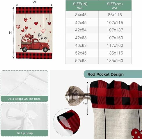 Red Valentine's Day Tie Up Curtains for Window, Truck Plaid Love Heart Rustic Thermal Insulated Balloon Shade Adjustable Rod Pocket Curtains Valance Panels for Kitchen Bathroom Café 46'' x 63'' in Saudi Arabia