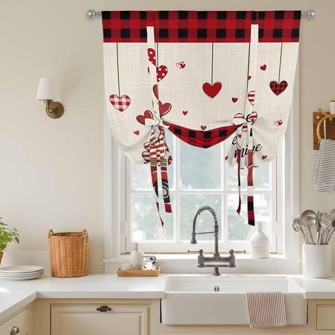 Red Valentine's Day Tie Up Curtains for Window, Truck Plaid Love Heart Rustic Thermal Insulated Balloon Shade Adjustable Rod Pocket Curtains Valance Panels for Kitchen Bathroom Café 46'' x 63'' in Saudi Arabia