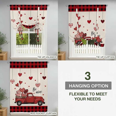 Red Valentine's Day Tie Up Curtains for Window, Truck Plaid Love Heart Rustic Thermal Insulated Balloon Shade Adjustable Rod Pocket Curtains Valance Panels for Kitchen Bathroom Café 46'' x 63'' in Saudi Arabia