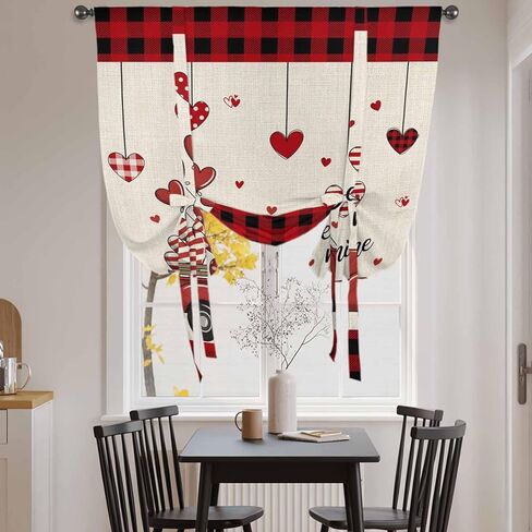 Red Valentine's Day Tie Up Curtains for Window, Truck Plaid Love Heart Rustic Thermal Insulated Balloon Shade Adjustable Rod Pocket Curtains Valance Panels for Kitchen Bathroom Café 46'' x 63'' in Saudi Arabia