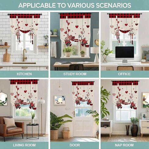 Red Valentine's Day Tie Up Curtains for Window, Truck Plaid Love Heart Rustic Thermal Insulated Balloon Shade Adjustable Rod Pocket Curtains Valance Panels for Kitchen Bathroom Café 46'' x 63'' in Saudi Arabia