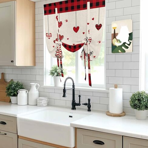 Red Valentine's Day Tie Up Curtains for Window, Truck Plaid Love Heart Rustic Thermal Insulated Balloon Shade Adjustable Rod Pocket Curtains Valance Panels for Kitchen Bathroom Café 46'' x 63'' in Saudi Arabia