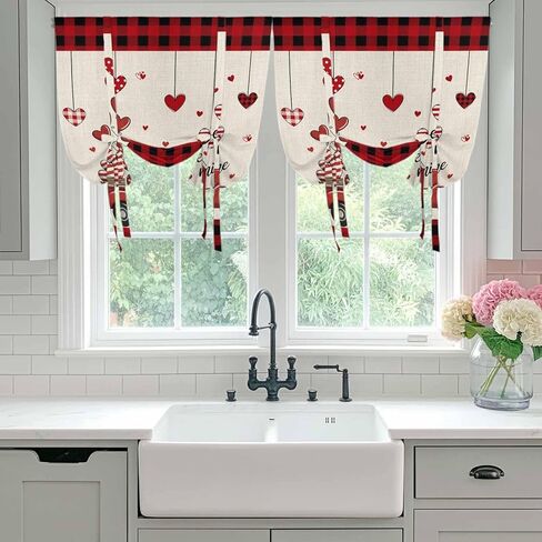 Red Valentine's Day Tie Up Curtains for Window, Truck Plaid Love Heart Rustic Thermal Insulated Balloon Shade Adjustable Rod Pocket Curtains Valance Panels for Kitchen Bathroom Café 46'' x 63'' in Saudi Arabia