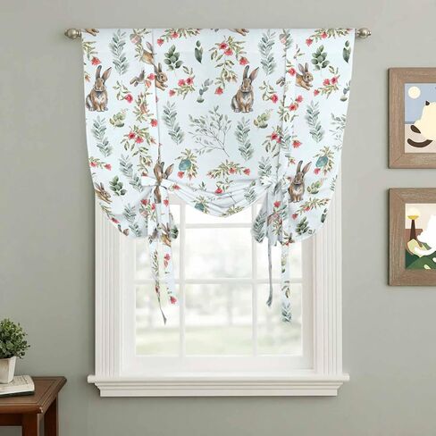 Bunny Floral Easter Tie Up Curtains for Window, Elegant Pastoral Spring Floral Rabbits Thermal Balloon Shade Adjustable Rod Pocket Curtains Valance Panels for Kitchen Bathroom Café 34'' x 45'' in Saudi Arabia