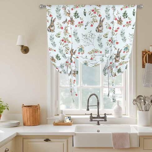 Bunny Floral Easter Tie Up Curtains for Window, Elegant Pastoral Spring Floral Rabbits Thermal Balloon Shade Adjustable Rod Pocket Curtains Valance Panels for Kitchen Bathroom Café 34'' x 45'' in Saudi Arabia