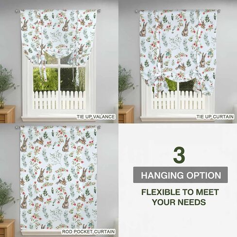 Bunny Floral Easter Tie Up Curtains for Window, Elegant Pastoral Spring Floral Rabbits Thermal Balloon Shade Adjustable Rod Pocket Curtains Valance Panels for Kitchen Bathroom Café 34'' x 45'' in Saudi Arabia