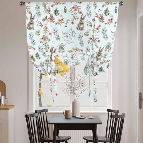 Bunny Floral Easter Tie Up Curtains for Window, Elegant Pastoral Spring Floral Rabbits Thermal Balloon Shade Adjustable Rod Pocket Curtains Valance Panels for Kitchen Bathroom Café 34'' x 45'' in Saudi Arabia