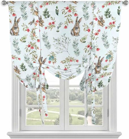 Bunny Floral Easter Tie Up Curtains for Window, Elegant Pastoral Spring Floral Rabbits Thermal Balloon Shade Adjustable Rod Pocket Curtains Valance Panels for Kitchen Bathroom Café 34'' x 45'' in Saudi Arabia