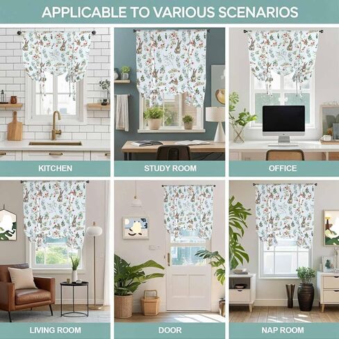 Bunny Floral Easter Tie Up Curtains for Window, Elegant Pastoral Spring Floral Rabbits Thermal Balloon Shade Adjustable Rod Pocket Curtains Valance Panels for Kitchen Bathroom Café 34'' x 45'' in Saudi Arabia