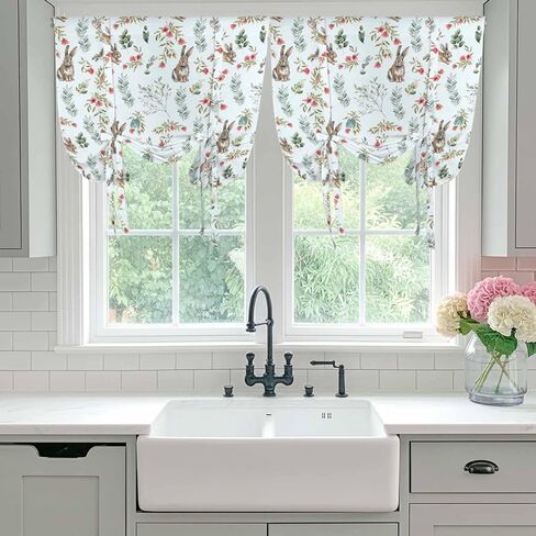 Bunny Floral Easter Tie Up Curtains for Window, Elegant Pastoral Spring Floral Rabbits Thermal Balloon Shade Adjustable Rod Pocket Curtains Valance Panels for Kitchen Bathroom Café 34'' x 45'' in Saudi Arabia