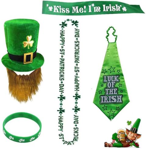 5PCS St. Patrick's Day set includes: a shamrock hat, tie, fake beard, shamrock necklace, bracelet, and shoulder strap.St. Patrick's Day accessories for men, women and kids in Saudi Arabia