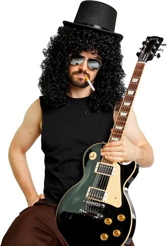 Heavy Metal Guitar Wig Top Hat Mirrored Sunglasses Costume Kit in Kuwait