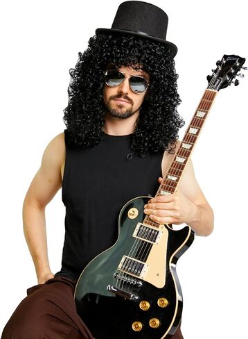 Heavy Metal Guitar Wig Top Hat Mirrored Sunglasses Costume Kit in Kuwait