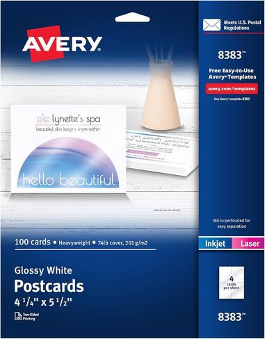 بطاقات بريدية قابلة للطباعة من Avery، مقاس 4.25 بوصة × 5.5 بوصة، أبيض لامع، 100 بطاقة بريدية فارغة لطابعات نفث الحبر وطابعات الليزر (8383) in Saudi Arabia