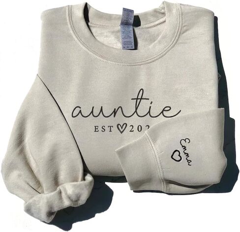 GODMERCH Personalized Embroidered Auntie Sweatshirt with Kids Names Sleeve, Custom Aunt Sweater, Est Date Auntie Sweatshirt, Custom Embroidered Sweater, Childs Names on Sleeve, Gifts for Aunt in Kuwait