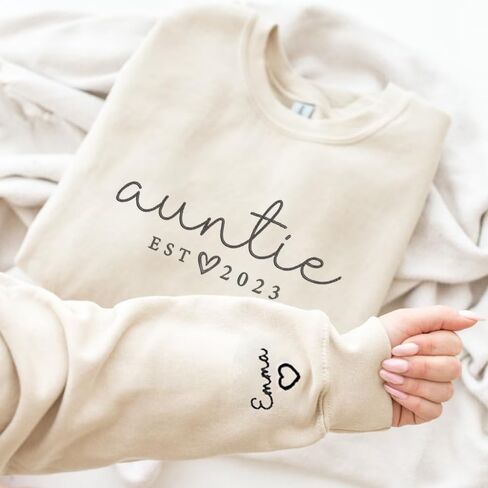 GODMERCH Personalized Embroidered Auntie Sweatshirt with Kids Names Sleeve, Custom Aunt Sweater, Est Date Auntie Sweatshirt, Custom Embroidered Sweater, Childs Names on Sleeve, Gifts for Aunt in Kuwait