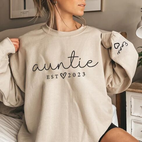 GODMERCH Personalized Embroidered Auntie Sweatshirt with Kids Names Sleeve, Custom Aunt Sweater, Est Date Auntie Sweatshirt, Custom Embroidered Sweater, Childs Names on Sleeve, Gifts for Aunt in Kuwait