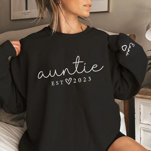 GODMERCH Personalized Embroidered Auntie Sweatshirt with Kids Names Sleeve, Custom Aunt Sweater, Est Date Auntie Sweatshirt, Custom Embroidered Sweater, Childs Names on Sleeve, Gifts for Aunt in Kuwait