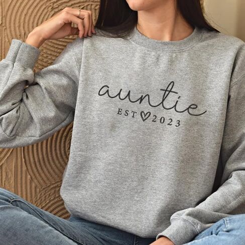 GODMERCH Personalized Embroidered Auntie Sweatshirt with Kids Names Sleeve, Custom Aunt Sweater, Est Date Auntie Sweatshirt, Custom Embroidered Sweater, Childs Names on Sleeve, Gifts for Aunt in Kuwait
