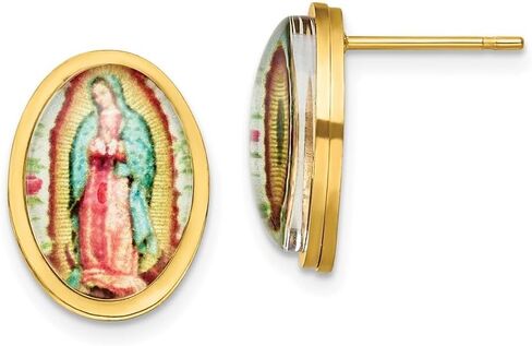 Stainless Steel Polished Yellow IP-plated Enameled Our Lady of Guadalupe Button Stud Earrings for Women (L- 0.63 Inch, W-0.48 Inch), White, AFJ-QG-SRE1386-PK in Saudi Arabia